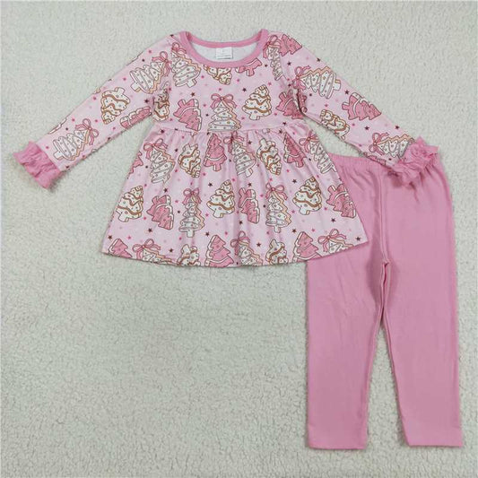 GLP2471 Baby Girls Long Ruffle Sleeves Pink Bows Christmas Trees Tunic Legging Pant Set   D 908