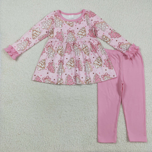 GLP2471  Baby Girls Long Ruffle Sleeves Pink Bows Christmas Trees Tunic Legging Pant Set D 8.14 02