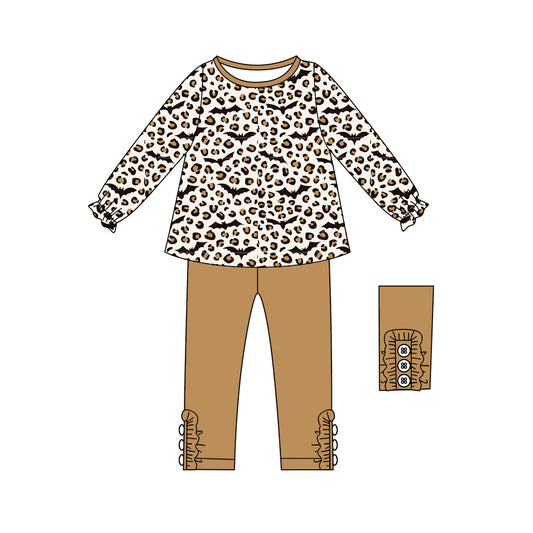 presale GLP2472 Baby Girls Long Ruffle Sleeves Leopard Bats Tunic Legging Pant Set D 6.11