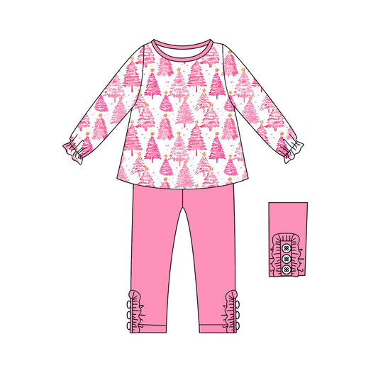 presale GLP2473  Baby Girls Long Ruffle Sleeves Pink Trees Plaid Tunic Legging Pant Set D 6.11