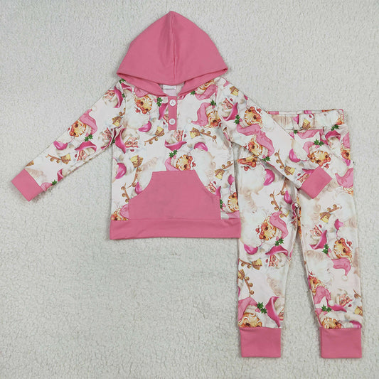 GLP2474  Baby Girls Pink Long Sleeves Santa Button Hoodies Pockets Pant Set D 7.12