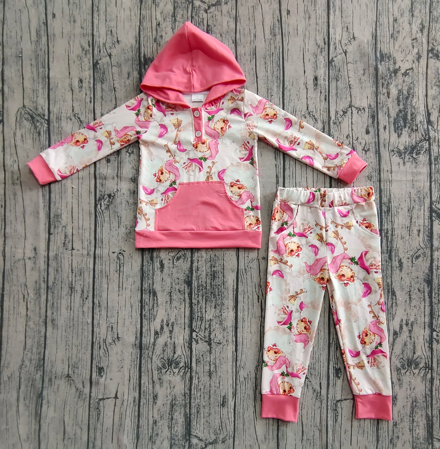 GLP2474  Baby Girls Pink Long Sleeves Santa Button Hoodies Pockets Pant Set D 7.12