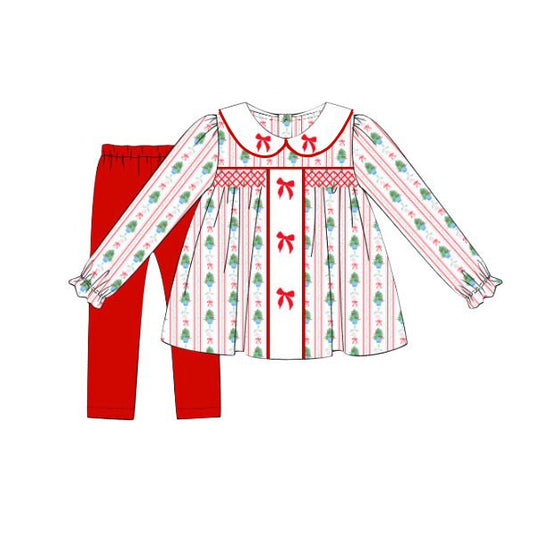 presale GLP2475 Baby Girls Long Ruffle Sleeves Red Green Bows Stripe Tunic Legging Pant Set  D 6.10