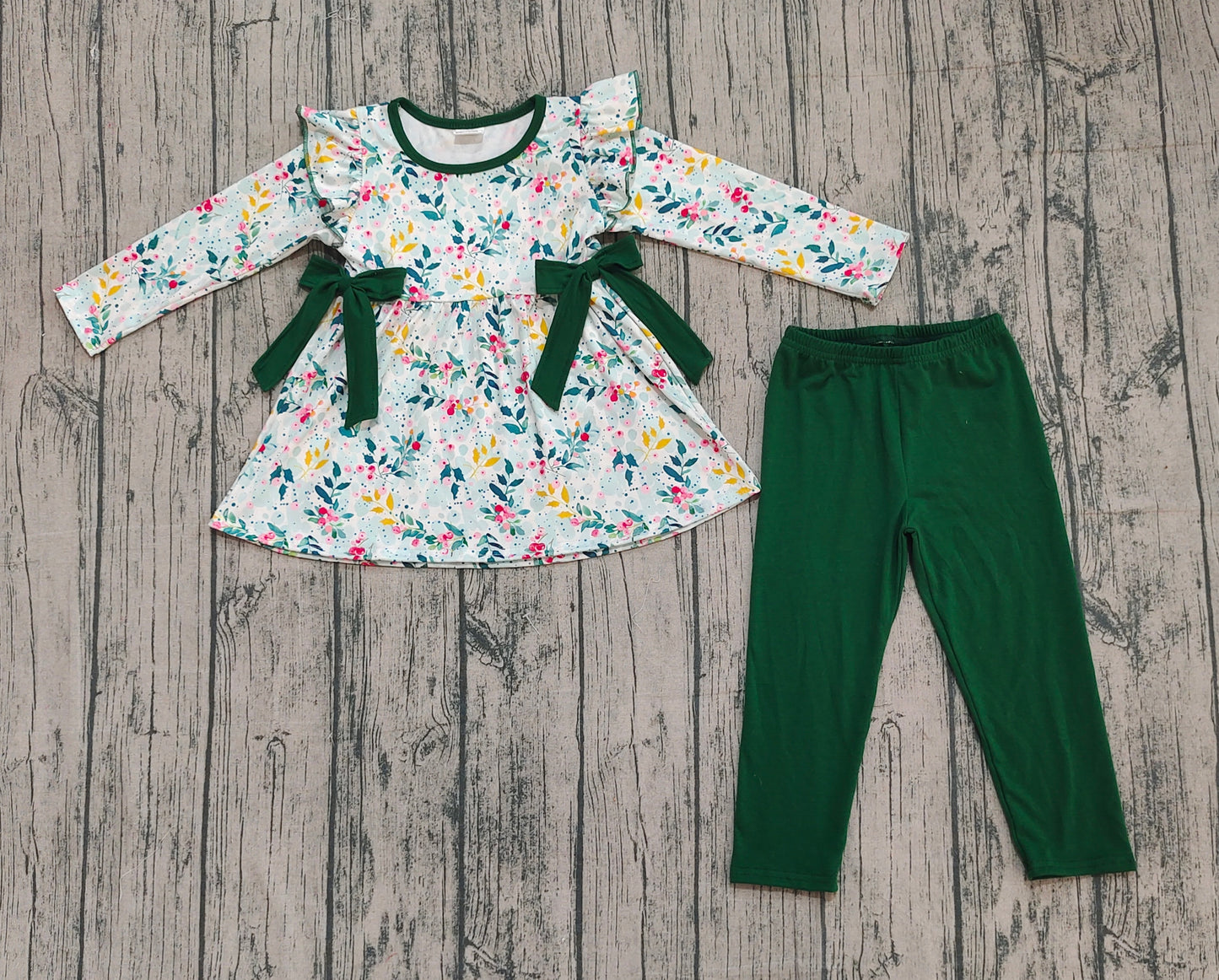 GLP2476 Baby Girls Long Sleeves Floral Bows Tunic Dark Green Legging Pant Set D 923