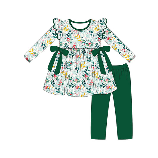 presale GLP2476 Baby Girls Long Sleeves Floral Bows Tunic Dark Green Legging Pant Set D 6.14