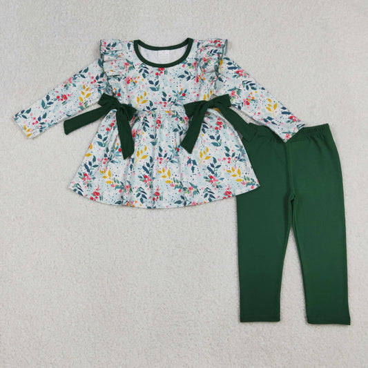 GLP2476 Baby Girls Long Sleeves Floral Bows Tunic Dark Green Legging Pant Set D 923