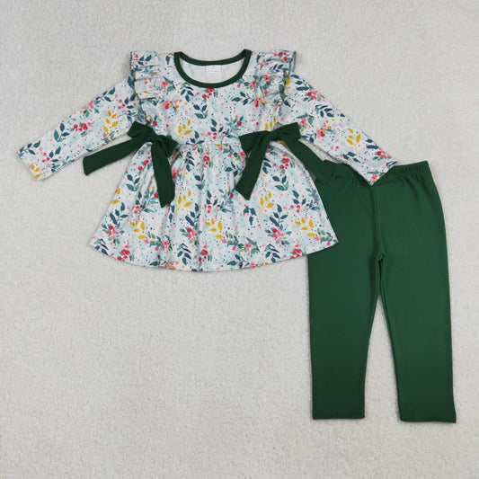 GLP2476 Baby Girls Long Sleeves Floral Bows Tunic Dark Green Legging Pant Set D 923