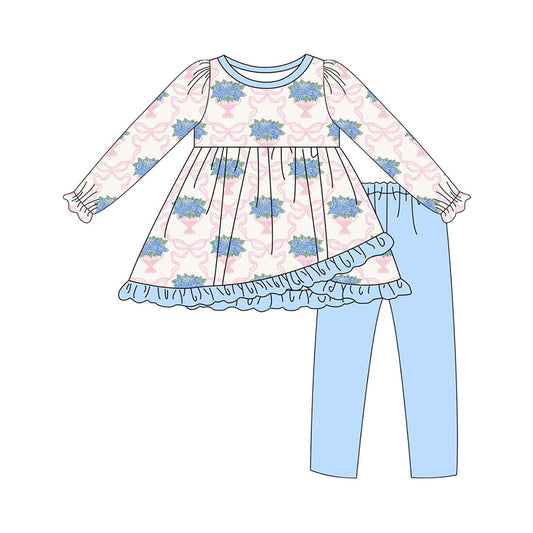 presale GLP2477 Baby Girls Long Ruffle Sleeves Bows Floral Plaid Tunic Blue Legging Pant Set  D 6.14