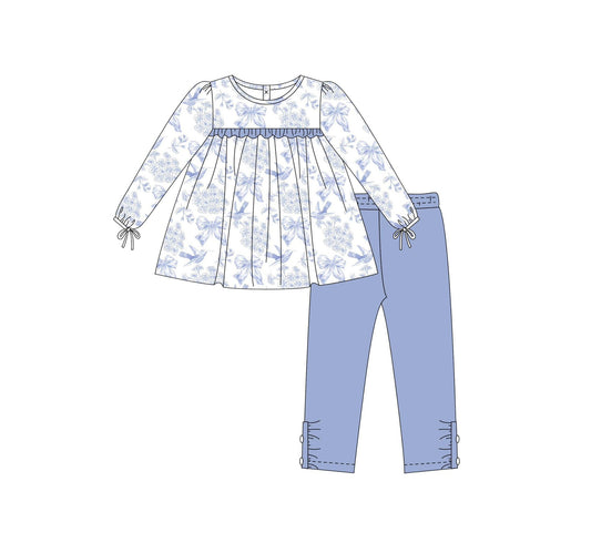 presale GLP2478 Baby Girls Long Ruffle Sleeves Bows Floral Plaid Tunic Lavender Legging Pant Set  D 6.14