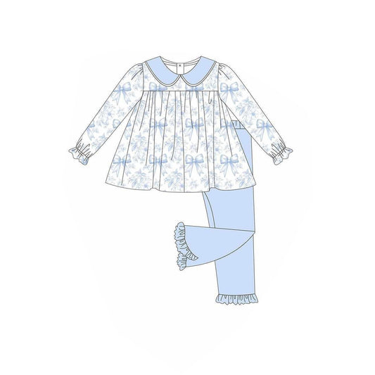 presale GLP2479 Baby Girls Long Sleeves Bows Floral Tunic Light Blue Ruffle Pant Set D 6.14