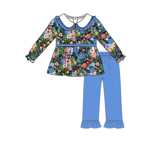 presale GLP2481 Baby Girls Long Sleeves Floral Print Tunic Hot Blue Ruffle Pant Set D 6.14
