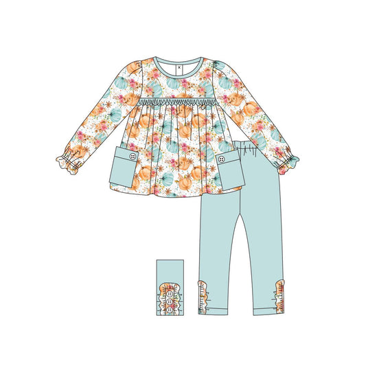 presale GLP2482 Baby Girls Long Ruffle Sleeves Flower Pumpkins Pockets Tunic Aqua Pant Set D 6.14