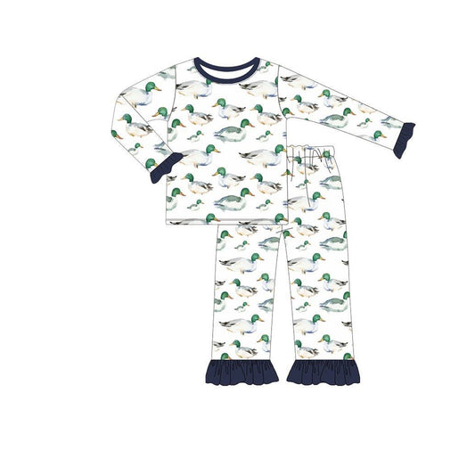 presale GLP2483  Baby Girls Long Ruffle Sleeves Ducks Plaid Top Pant Pajamas Set D 6.14