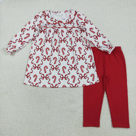 GLP2484  Baby Girls Long Ruffle Sleeves Red Bows Candy Cane Plaid Tunic Legging Pant Set D 7.14