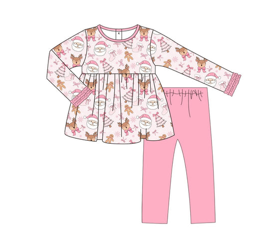 presale GLP2485 Baby Girls Long Ruffle Sleeves Pink Santa Trees Tunic Legging Pant Set D 6.14