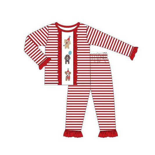 presale GLP2486 Baby Girls Long Ruffle Sleeves Red Stripe Dogs Top Pant Pajamas Set D 6.14
