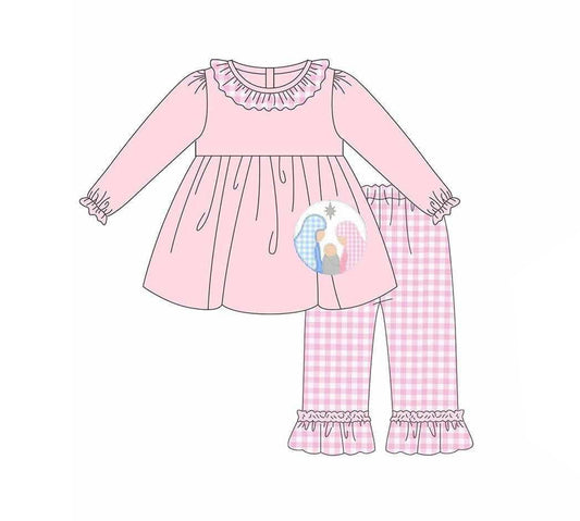 presale GLP2487 Baby Girls Pink Long Ruffle Sleeves Nativity Tunic Plaid Pant Set D 6.14