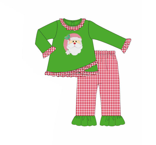 presale GLP2489 Baby Girls Green Long Ruffle Sleeves Santa Tunic Red Plaid Pant Set D 6.14
