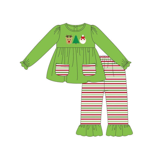 presale GLP2490 Baby Girls Green Long Ruffle Sleeves Deer Tree Pockets Tunic Stripe Pant Set D 6.14