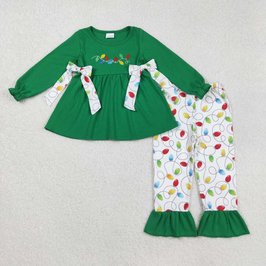 GLP2491 Baby Girls Dark Green Long Ruffle Sleeves Lights Bows Tunic Pant Set D 829