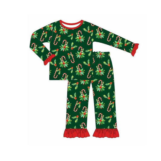 presale GLP2492 Baby Girls Dark Green Long Ruffle Sleeves Holly Candy Cane Top Pant Pajamas Set D 6.14