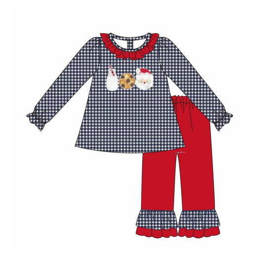 presale GLP2493  Baby Girls Black Plaid Long Ruffle Sleeves Milk Santa Tunic Red Pant Set D 6.14