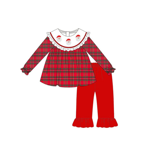 presale GLP2494  Baby Girls Red Plaid Long Ruffle Sleeves Santa Tunic Pant Set  D 6.14