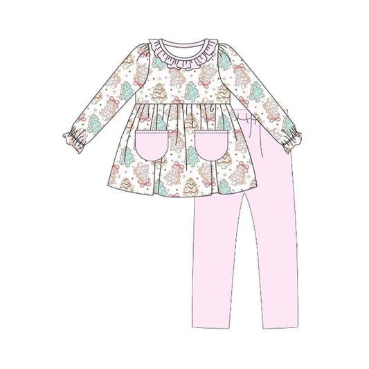 presale GLP2497 Baby Girls Long Ruffle Sleeves Pink Trees Pockets Tunic Light Pink Legging Pant Set  D 6.14