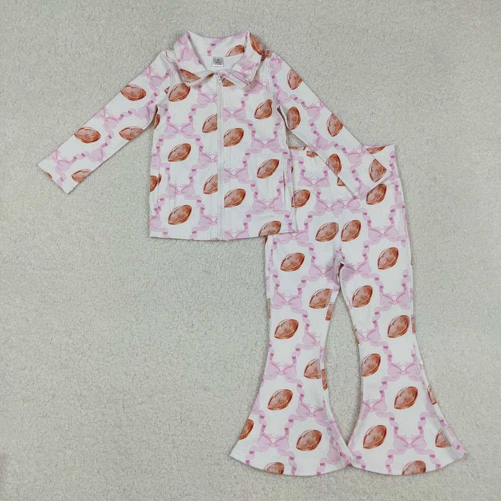 GLP2499 Baby Girls Yoga Pink Bow Footballs Pockets Zipper Top Bell Bottom Pant Set D 8.5