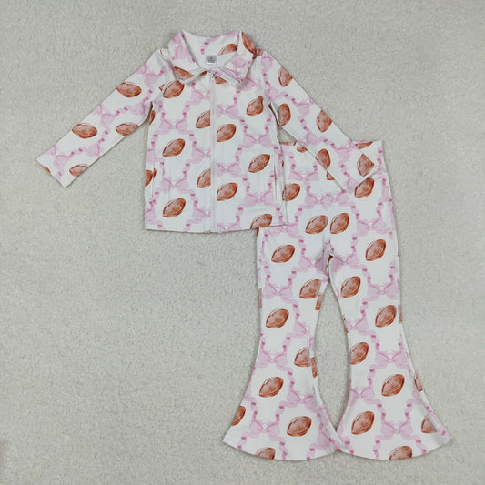 GLP2499 Baby Girls Yoga Pink Bow Footballs Pockets Zipper Top Bell Bottom Pant Set D 8.5