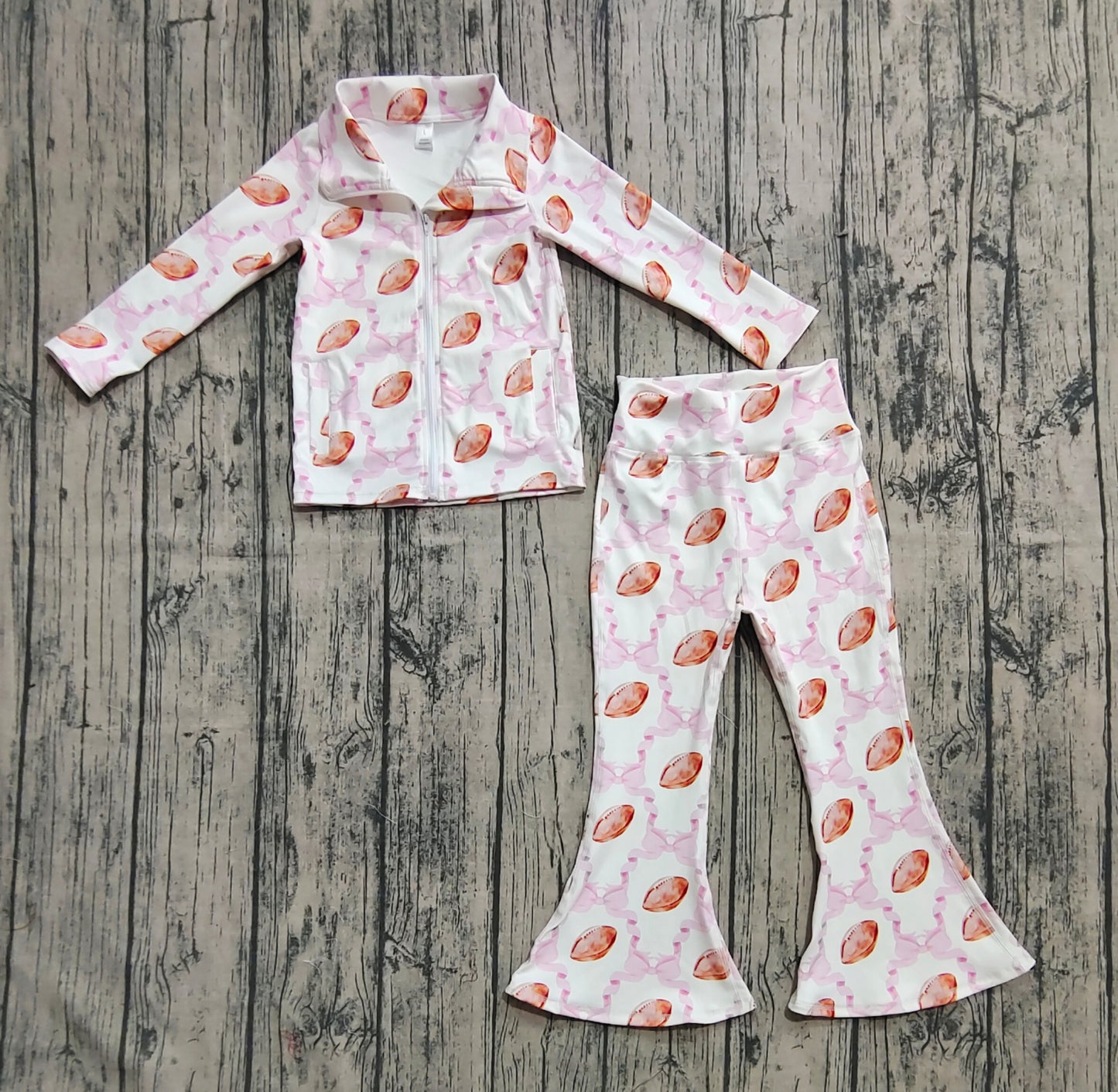 GLP2499 Baby Girls Yoga Pink Bow Footballs Pockets Zipper Top Bell Bottom Pant Set D 8.5