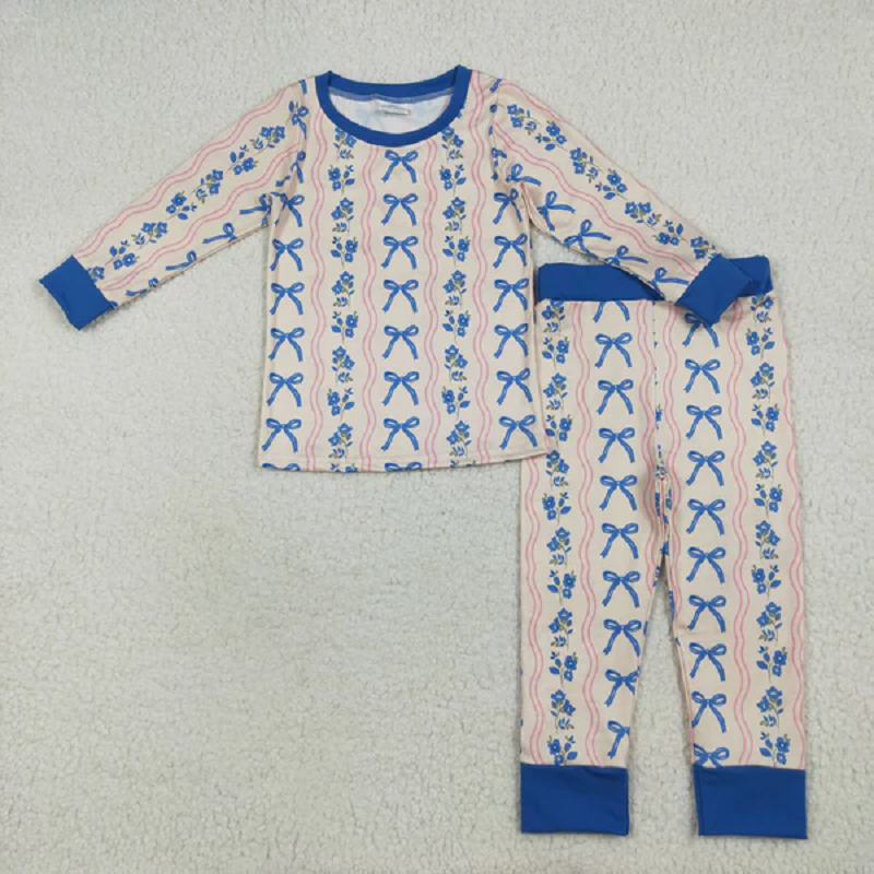 Sibling Baby Girls Blue Bows Flower Stripe Rompers Pajamas Sets  D 7.14