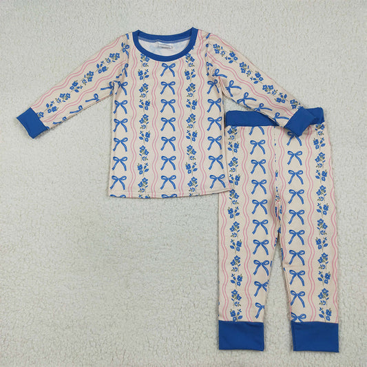GLP2505  Baby Girls Long Sleeves Blue Bows Flower Stripe Top Pants Pajamas Sets  D 7.12