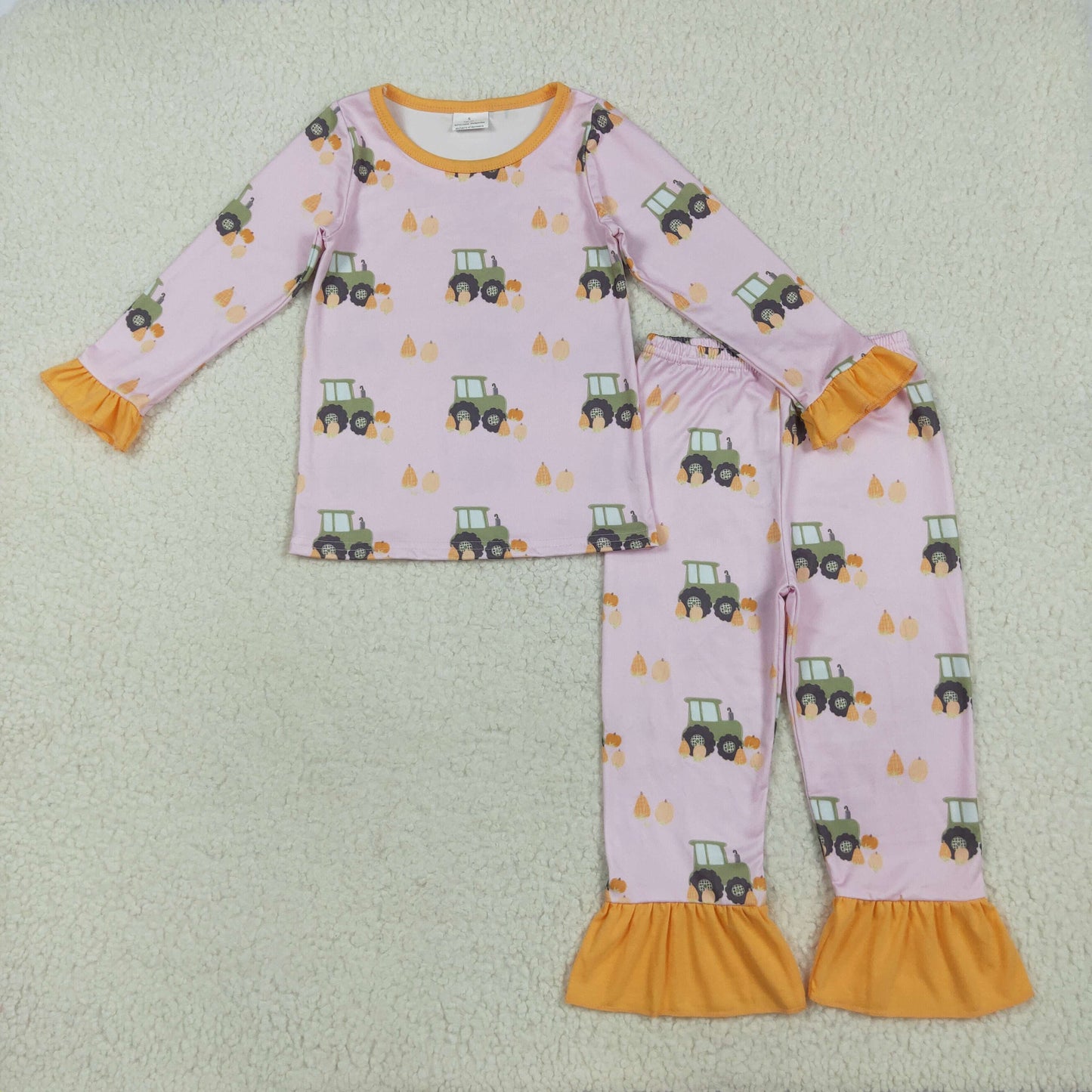 GLP2506 Baby Girls Pink Long Ruffle Sleeves Pumpkin Tractor Top Pant Pajamas Set