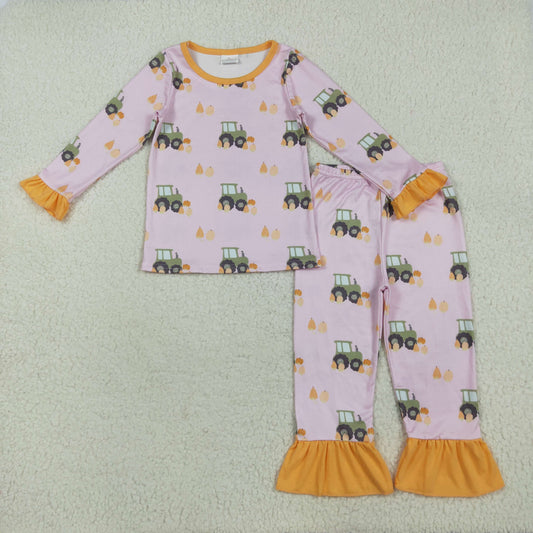 GLP2506 Baby Girls Pink Long Ruffle Sleeves Pumpkin Tractor Top Pant Pajamas Set