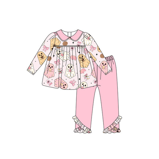 presale GLP2507  Baby Girls Pink Long Sleeves Bows Ghosts Tunic Ruffle Legging Pant Set D 6.16