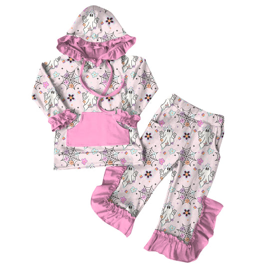 presale GLP2508 Baby Girls Pink Long Sleeves Ghosts Flowers Pocket Hoodies Ruffle Pants Set D 6.17