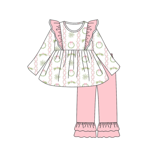 presale GLP2509 Baby Girls Pink Long Sleeves Pink Bows Holly Plaid Tunic Ruffle Pants Set  D 6.17