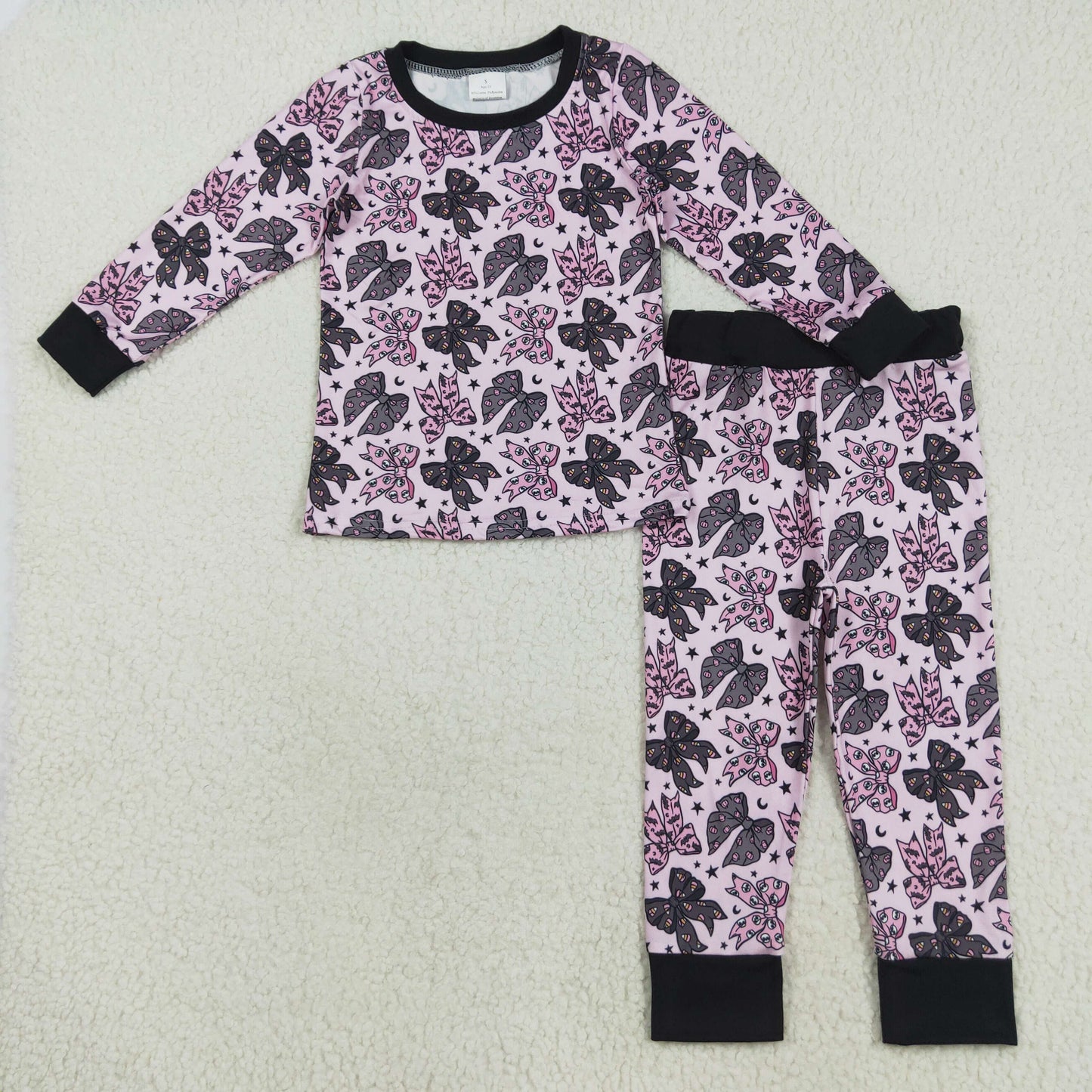 GLP2516 Baby Girls Long Sleeves Black Pink Bows Stars Top Pant Pajamas Set  D 8.12