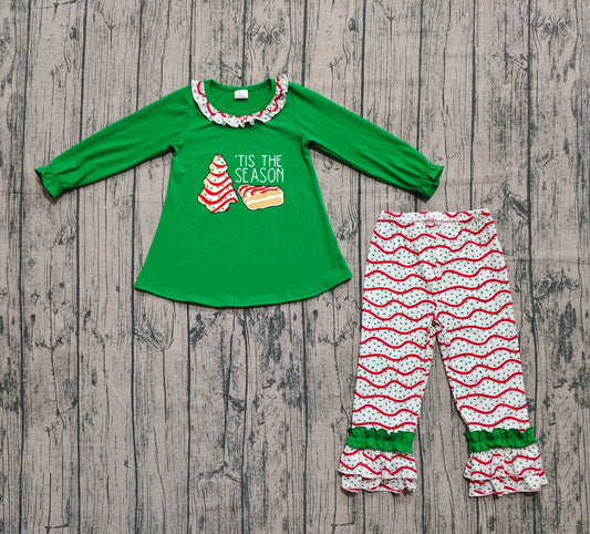 presale GLP2518 Baby Girls Green Long Ruffle Sleeves Red Stripe Trees Tunic Pant Set   D 820
