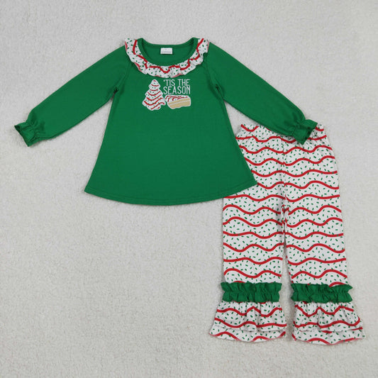 GLP2518 Baby Girls Green Long Ruffle Sleeves Red Stripe Trees Tunic Pant Set