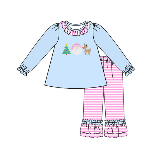 presale GLP2519 Baby Girls Blue Long Ruffle Sleeves Santa Trees Tunic Pink Stripe Pant Set   D 6.19