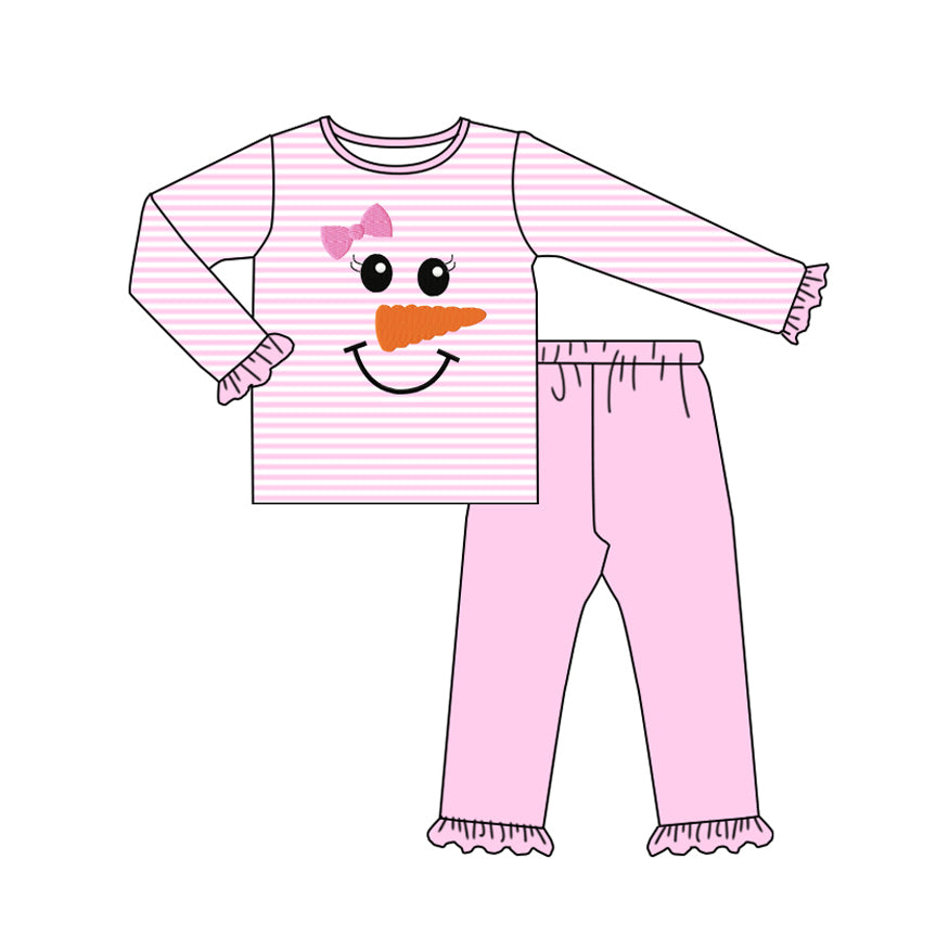 GLP2520 Baby Girls Pink Stripe Long Ruffle Sleeves Bow Snowman Top Pant Pajamas Set   D 7.14
