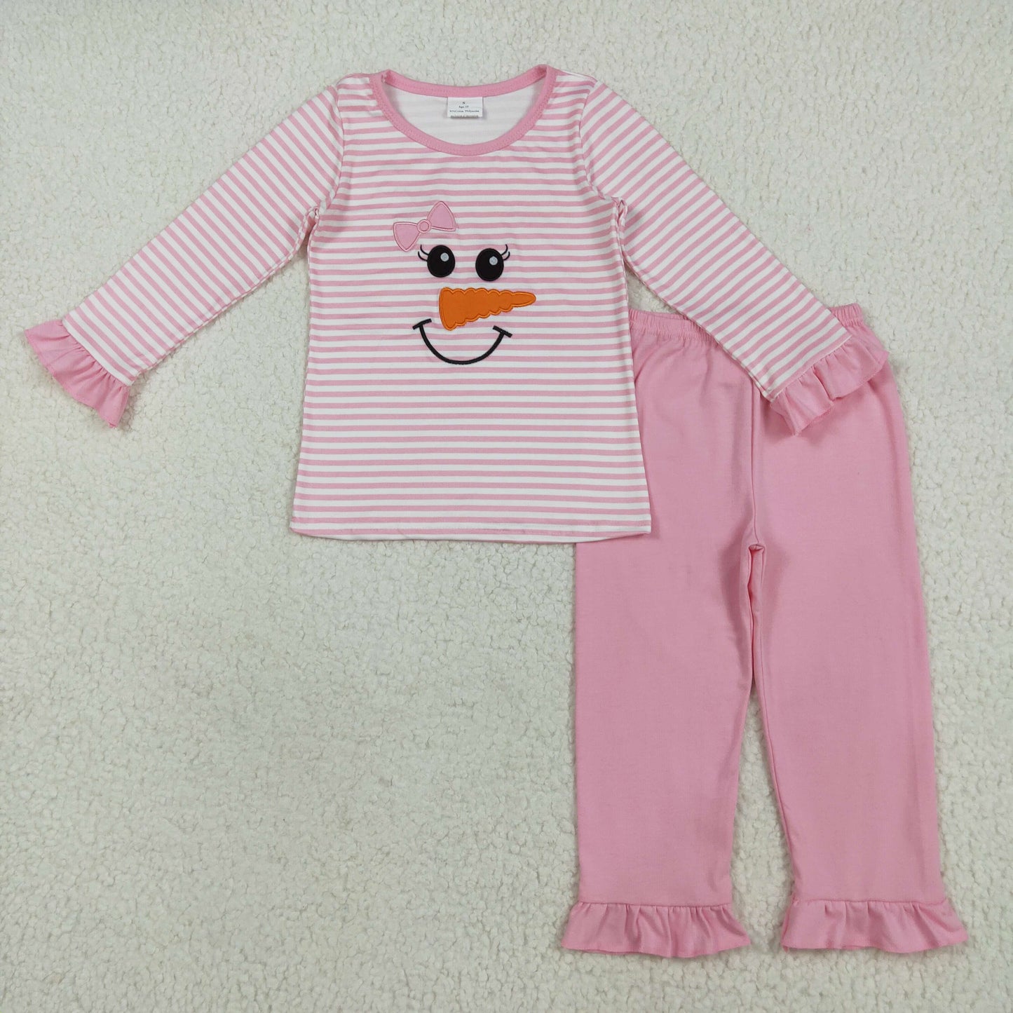 GLP2520 Baby Girls Pink Stripe Long Ruffle Sleeves Bow Snowman Top Pant Pajamas Set   D 7.14