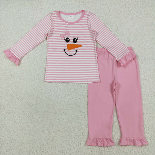 GLP2520 Baby Girls Pink Stripe Long Ruffle Sleeves Bow Snowman Top Pant Pajamas Set   D 7.14