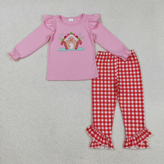 GLP2523  Baby Girls Pink Long Ruffle Sleeves Candy Cane Top Red Plaid Pockets Pant Set