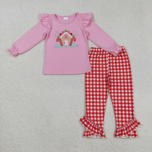 GLP2523  Baby Girls Pink Long Ruffle Sleeves Candy Cane Top Red Plaid Pockets Pant Set D 901