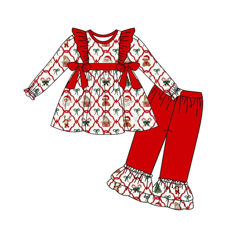 GLP2525 Baby Girls Long Sleeves Trees Bows Plaid Tunic Ruffle Pant Clothes Set  D 7.21