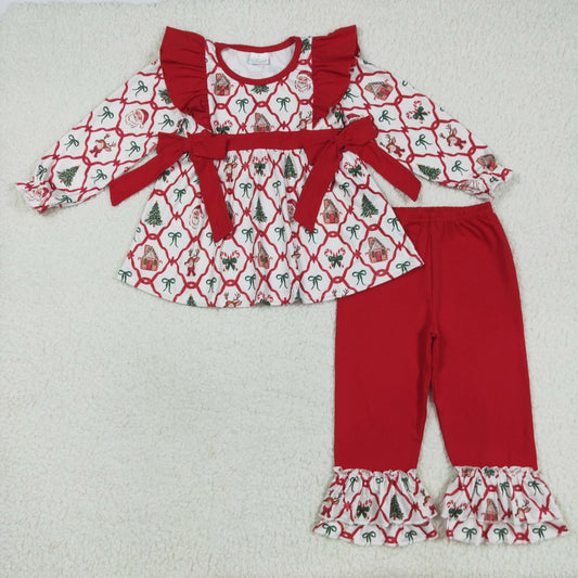 GLP2525 Baby Girls Long Sleeves Trees Bows Plaid Tunic Ruffle Pant Clothes Set