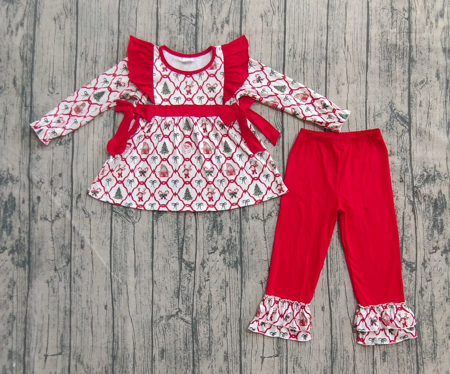 GLP2525 Baby Girls Long Sleeves Trees Bows Plaid Tunic Ruffle Pant Clothes Set  D 7.21